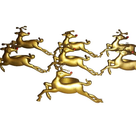 Rudolph Company Reindeer Napkin Rings Set of 7 Gold Red Nose Reindeer Decor - Picture 1 of 11